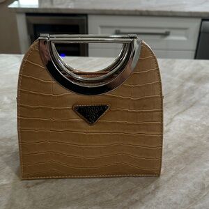 Tan Croc-Embossed Clutch with Silver Handle